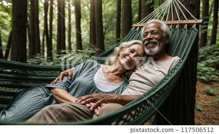 Happy elderly interracial couple, black man and white woman, lounging together in a hammock strung between two trees in a lush forest 117506512