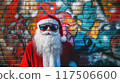 Santa Claus in sunglasses against colorful graffiti wall 117506600