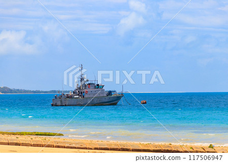 Warship anchored in the Indian ocean near Zanzibar, Tanzania 117506947
