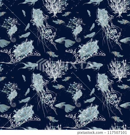 Watercolor and ink hand drawn marine life, sea ocean underwater creatures. fish, shells algae seaweed. Seamless pattern illustration, stylized, isolated on dark. Zoo shop, aquarium, cosmetics, resort 117507101