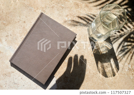Book and Glass of Water on Table. A beige book and a clear glass of water casting shadows on a light brown tiled surface. Book and Glass of Water on Table. A beige book and a clear glass of water casting shadows on a light brown tiled surface. 117507327