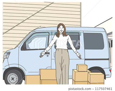 Young woman standing in front of a car and a pile of cardboard boxes Young woman standing in front of a car and a pile of cardboard boxes 117507461