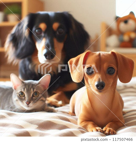 Dog and cat occupying their master's bed 117507466