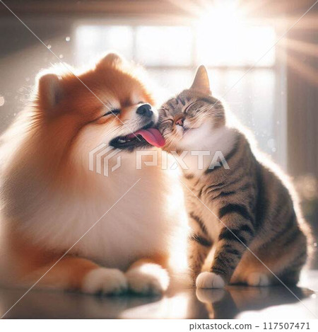 A dog and a cat playing together in a living room bathed in the setting sun 117507471