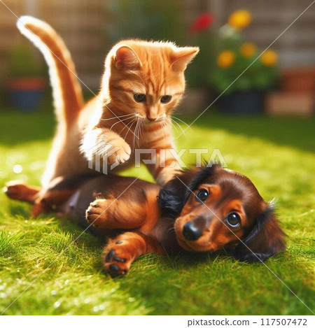 A brown tabby and a dachshund playing together on the lawn in the garden 117507472