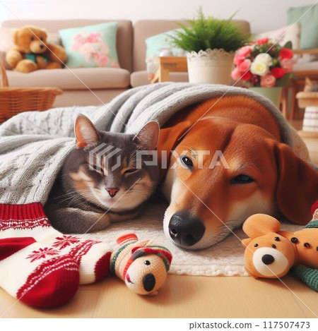 Dog and cat snuggling in the living room Fighting sleepiness 117507473