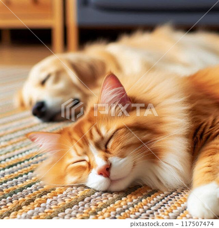 A dog and a cat sleeping side by side on the carpet in the living room 117507474