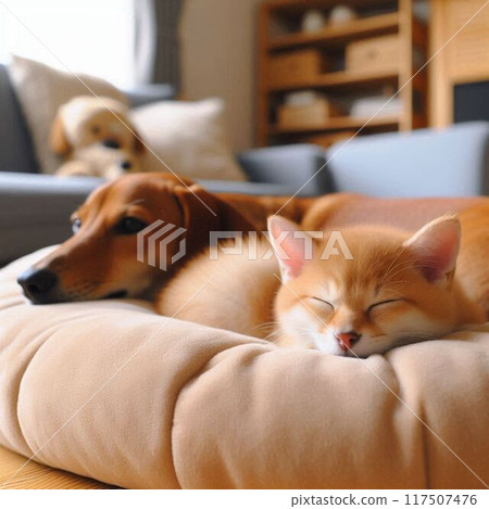 A dog and a cat sleeping together on a sofa in the living room 117507476