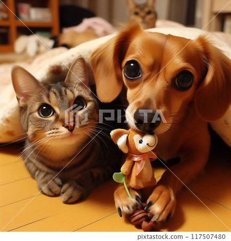 A cat looking at its friendly cat and dachshund from behind 117507480