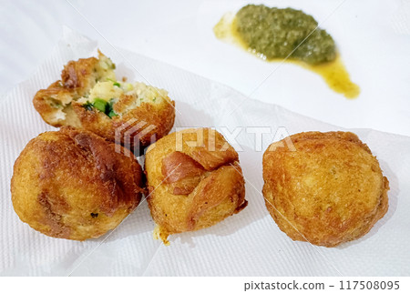 Potato croquettes - mashed potatoes balls breaded and deep fried 117508095