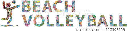 Words BEACH VOLLEYBALL with icon in the style of abstract hand drawing. Letters with ornament 117508339