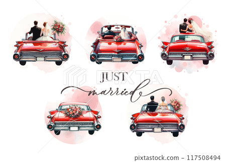 Set of hand drawn watercolor wedding car isolated on white background. 117508494