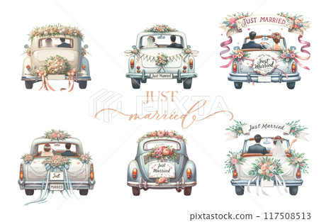 Set of hand drawn watercolor wedding car isolated on white background. Set of hand drawn watercolor wedding car isolated on white background. 117508513