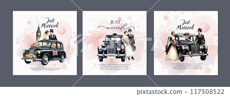 Set of Wedding card banner with Hand drawn watercolor wedding black taxi retro car and calligraphy. Set of Wedding card banner with Hand drawn watercolor wedding black taxi retro car and calligraphy. 117508522