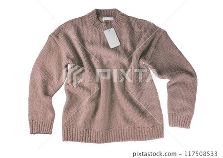 Brown flying crumpled women autumn knitted sweater with label tag isolated on white background Brown flying crumpled women autumn knitted sweater with label tag isolated on white background 117508533