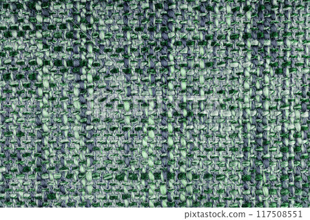 Texture of green jacquard fabric of rough weave, melange or mixed color cloth structure macro Texture of green jacquard fabric of rough weave, melange or mixed color cloth structure macro 117508551