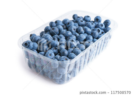 Fresh raw organic blueberries in transparent plastic container isolated on white background 117508570