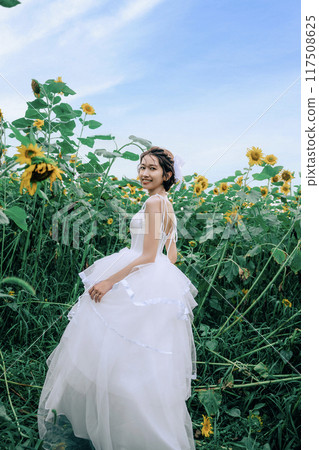 Bride taking photos in a sunflower field Bride taking photos in a sunflower field 117508625
