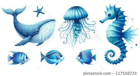 Set of Cute watercolor sea animals. Blue watercolor ocean fish, medusa, whale, seahorse. 117508728
