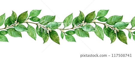 Laurel seamless pattern. Horizontal border with green leaves. Hand drawn watercolor illustration for invitations, greetings, photos, text. Antique symbol of victory, gain. 117508741