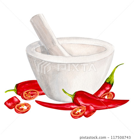 Grind red chili pepper in a mortar made of white granite. Watercolor illustration. Hot pepper is a traditional ingredient of Indian and Mexican cuisine. Clipart for design, menu, packaging. 117508743
