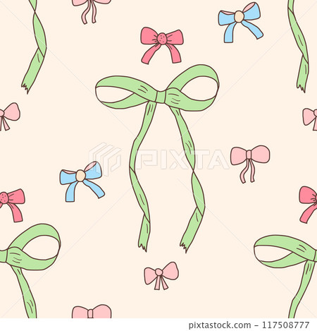 Bow seamless pattern. Decorative band endless background. Coquet gift and present beauty accessories repeat cover. Bowknot continuous ornament. Vector hand drawn flat illustration. Bow seamless pattern. Decorative band endless background. Coquet gift and present beauty accessories repeat cover. Bowknot continuous ornament. Vector hand drawn flat illustration. 117508777