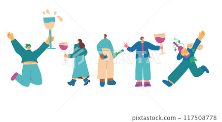 Wine festival. Friends meeting with beverage. Cute characters with wineglasses. Vector hand drawn illustration isolated on white background. 117508778