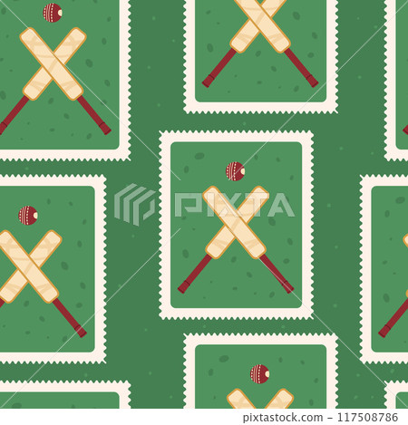 Cricket patchwork seamless pattern. Bento box repeat background. Cricket bats and ball retro post stamps endless design. Vector hand drawn illustration. 117508786