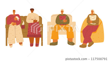 Sad people set. Depressed people sitting on sofas and crying. Autumn melancholy. Vector hand drawn flat stylized illustration. Sad people set. Depressed people sitting on sofas and crying. Autumn melancholy. Vector hand drawn flat stylized illustration. 117508791