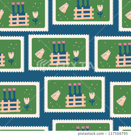 Wine bottles seamless pattern. Bento box repeat background. retro post stamps endless design. Vector hand drawn flat illustration. 117508795