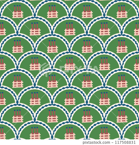 Bottles of wine scallop seamless pattern. Alcohol drinks arch repeat background. Beverage retro endless design. Vector hand drawn illustration. 117508831