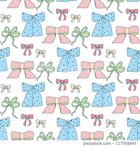Bow seamless pattern. Silk band endless background. Bowknot continuous ornament. Vector hand drawn illustration. Bow seamless pattern. Silk band endless background. Bowknot continuous ornament. Vector hand drawn illustration. 117508845