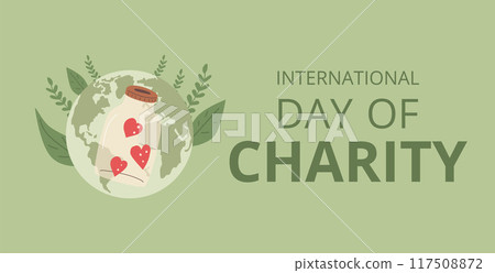 International day of charity template. Text with planet Earth and donation box background. Vector flat illustration. 117508872