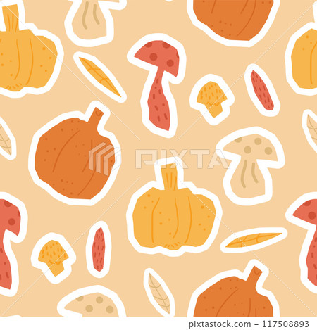 Pumpkin, mushroom and leaves stickers seamless pattern. Cut outs paper shapes repeat background. Autumn harvesting endless design. Vector hand drawn flat illustration. 117508893