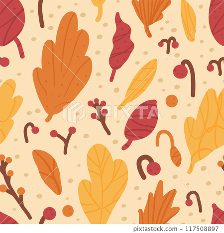 Seamless autumn pattern with colorful leaves and berries on a beige background. Fall forest repeat background. Vector hand drawn flat illustration. 117508897