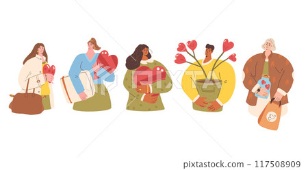 Set of volunteers portraits. charity kit. People with heart symbols. Vector hand drawn flat collection illustration isolated on white background. Set of volunteers portraits. charity kit. People with heart symbols. Vector hand drawn flat collection illustration isolated on white background. 117508909