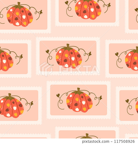 Holiday pumpkin seamless pattern. Bentobox squash repeat background. Halloween retro stamps endless design. Vector hand drawn flat illustration. Holiday pumpkin seamless pattern. Bentobox squash repeat background. Halloween retro stamps endless design. Vector hand drawn flat illustration. 117508926