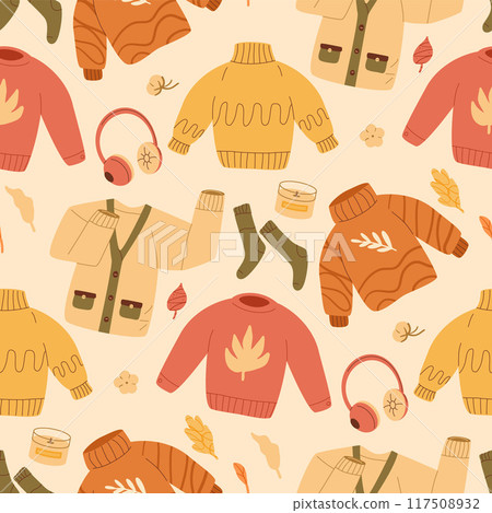 Cozy autumn clothes seamless pattern. Sweaters and headphones endless background. Fall repeat cover. Vector hand drawn illustration. Cozy autumn clothes seamless pattern. Sweaters and headphones endless background. Fall repeat cover. Vector hand drawn illustration. 117508932