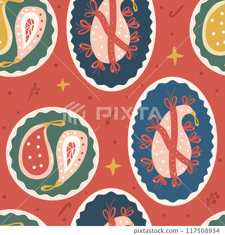 Christmas party seamless pattern. Christmas Glass baubles repeat background. Paisley shape toy retro holiday season surface pattern design. Vector hand drawn flat illustration. Christmas party seamless pattern. Christmas Glass baubles repeat background. Paisley shape toy retro holiday season surface pattern design. Vector hand drawn flat illustration. 117508934