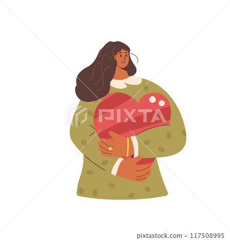 Volunteers portrait. Young woman with heart symbol. Vector hand drawn flat illustration isolated on white background. Volunteers portrait. Young woman with heart symbol. Vector hand drawn flat illustration isolated on white background. 117508995