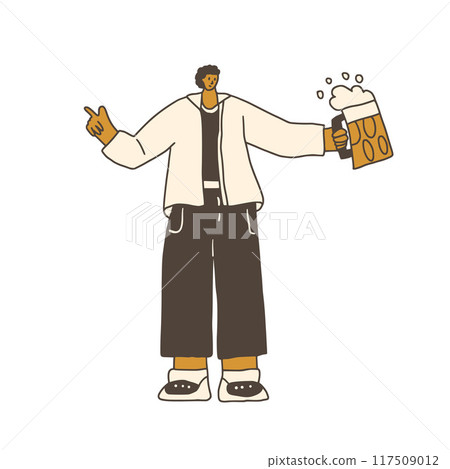Beer lover. Doodle male character with alcohol drinks. Man holding mug with beverage. Vector hand drawn illustration isolated on white background. 117509012