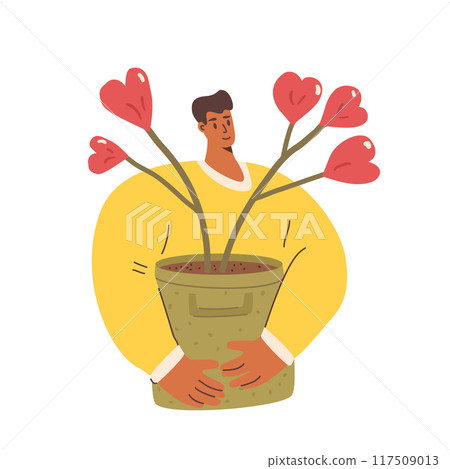 Volunteers portrait. Young man with heart plant symbol. Vector hand drawn illustration isolated on white background. Volunteers portrait. Young man with heart plant symbol. Vector hand drawn illustration isolated on white background. 117509013
