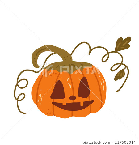 Halloween pumpkin isolated on white background. Textured stylized autumn ripe vegetable with spooky face. Carved lantern with tendrils and leaves. Vector hand drawn flat illustration Halloween pumpkin isolated on white background. Textured stylized autumn ripe vegetable with spooky face. Carved lantern with tendrils and leaves. Vector hand drawn flat illustration 117509014