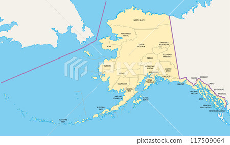Alaska, U.S. state, political map, subdivided into 19 organized boroughs and 11 census areas. State on the northwest extremity of North America in the Western United States region. The Last Frontier. Alaska, U.S. state, political map, subdivided into 19 organized boroughs and 11 census areas. State on the northwest extremity of North America in the Western United States region. The Last Frontier. 117509064