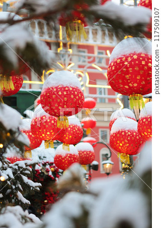 Chinese New Year. Red Chinese lanterns and snow. It's deserted. 117509107