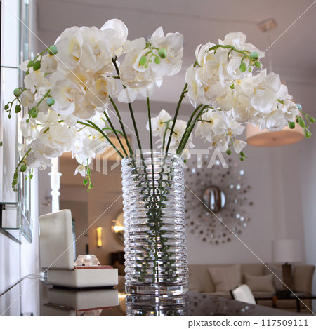 A bouquet of white orchids in the interior. Artificial flowers in a vase. 117509111