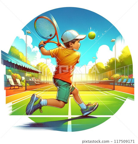 Boy playing tennis on the tennis court 117509171