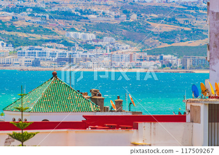 Green tiled roof on the background of the sea and suburbs on the shore Green tiled roof on the background of the sea and suburbs on the shore 117509267