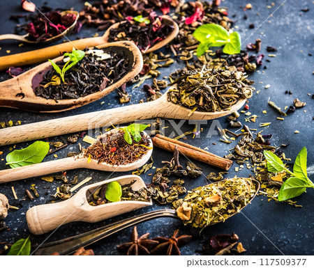 Tea on black table Tea on black table 117509377