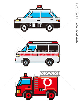 汽車、工作車、警車、救護車、消防車圖示的 8 位元像素藝術插圖 汽車、工作車、警車、救護車、消防車圖示的 8 位元像素藝術插圖 117509579